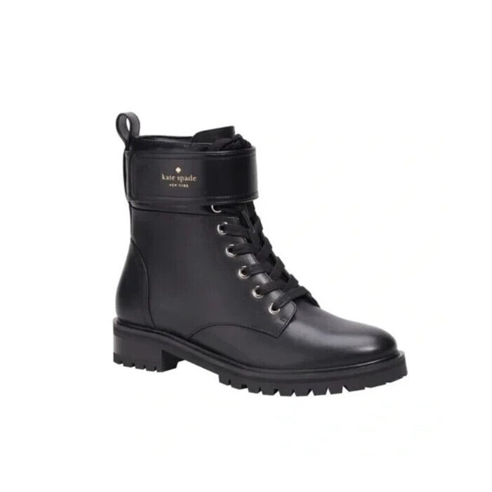 NWOB Kate Spade Joplin Women's US 7.5 Ankle Boots Black Nappa Leather Lug Sole